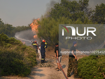 Firefighters and local residents operate as a wildfire rages in Saronida near Athens, Greece on July 17, 2023. (