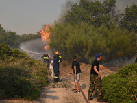 Firefighters and local residents operate as a wildfire rages in Saronida near Athens, Greece on July 17, 2023. (