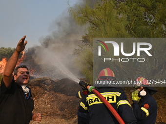 Firefighters operate as a wildfire rages in Saronida near Athens, Greece on July 17, 2023. (