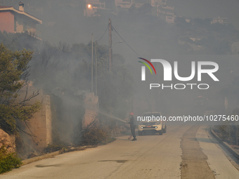 A firefighter operates  as a wildfire rages inside the residential area of Saronida near Athens, Greece on July 17, 2023. (