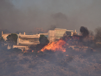 A wildfire rages inside the residential area of Saronida near Athens, Greece on July 17, 2023. (