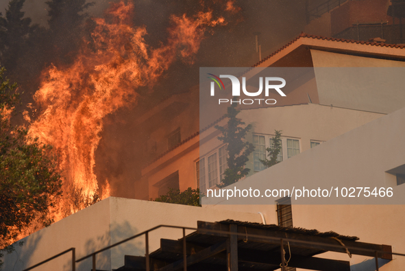 Flames engulf a house  as a wildfire rages in Saronida near Athens, Greece on July 17, 2023. 