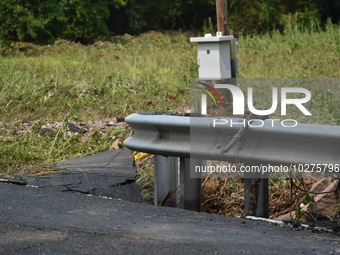 LOWER MAKEFIELD TOWNSHIP, PENNSYLVANIA, UNITED STATES - JULY 17 - Severe flooding damage and buckling roads in Lower Makefield Township, Pen...