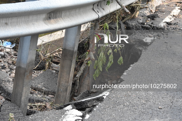 LOWER MAKEFIELD TOWNSHIP, PENNSYLVANIA, UNITED STATES - JULY 17 - Severe flooding damage and buckling roads in Lower Makefield Township, Pen...