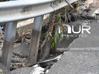 LOWER MAKEFIELD TOWNSHIP, PENNSYLVANIA, UNITED STATES - JULY 17 - Severe flooding damage and buckling roads in Lower Makefield Township, Pen...