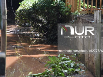 Flash flooding destroys homes, submerges cars and prompts water rescues in New Brunswick, New Jersey, United States on July 18, 2023. Flash...