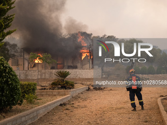 

A burned house in Nea Zoi, Nea Peramos, near Megara, Greece is still being fought by firefighters after three days on July 19, 2023. (