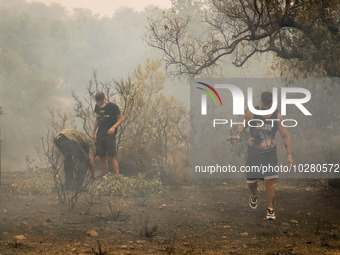 

Locals are helping firefighters to extinguish the fire in Nea Zoi in Nea Peramos, a place near Megara, Greece on July 19, 2023. After thre...