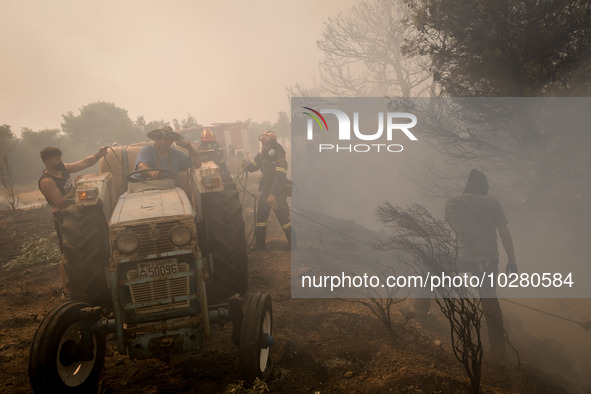 

Locals are helping firefighters to extinguish the fire in Nea Zoi in Nea Peramos, a place near Megara, Greece on July 19, 2023. After thre...