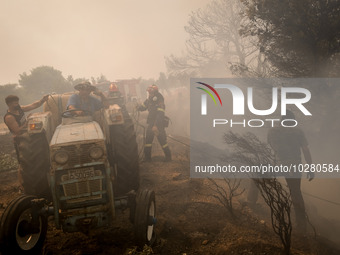 

Locals are helping firefighters to extinguish the fire in Nea Zoi in Nea Peramos, a place near Megara, Greece on July 19, 2023. After thre...