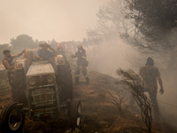 

Locals are helping firefighters to extinguish the fire in Nea Zoi in Nea Peramos, a place near Megara, Greece on July 19, 2023. After thre...