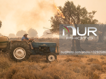 

Locals are helping firefighters to extinguish the fire in Nea Zoi in Nea Peramos, a place near Megara, Greece on July 19, 2023. After thre...