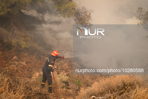 

Firefighters are trying to extinguish a wildfire in Nea Zoi, Nea Peramos, near Megara, Greece on July 19, 2023. After three days, firefigh...