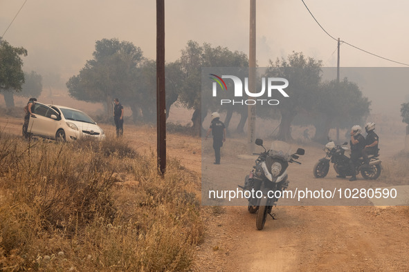 

Police are talking to local people in Nea Zoi in Nea Peramos, a place near Megara, Greece on July 19, 2023. After three days, firefighters...