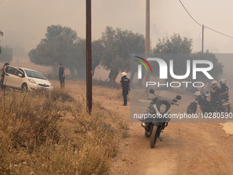 

Police are talking to local people in Nea Zoi in Nea Peramos, a place near Megara, Greece on July 19, 2023. After three days, firefighters...