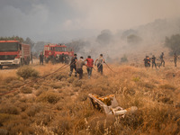 

Firefighters are trying to extinguish a wildfire in Nea Zoi, Nea Peramos, near Megara, Greece on July 19, 2023. After three days, firefigh...