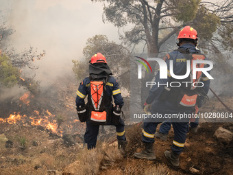 

Firefighters are trying to extinguish a wildfire in Nea Zoi, Nea Peramos, near Megara, Greece on July 19, 2023. After three days, firefigh...