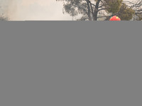 

Firefighters are trying to extinguish a wildfire in Nea Zoi, Nea Peramos, near Megara, Greece on July 19, 2023. After three days, firefigh...