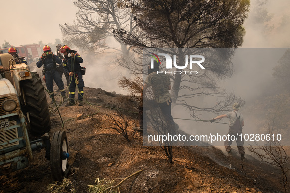 

Firefighters are trying to extinguish a wildfire in Nea Zoi, Nea Peramos, near Megara, Greece on July 19, 2023. After three days, firefigh...