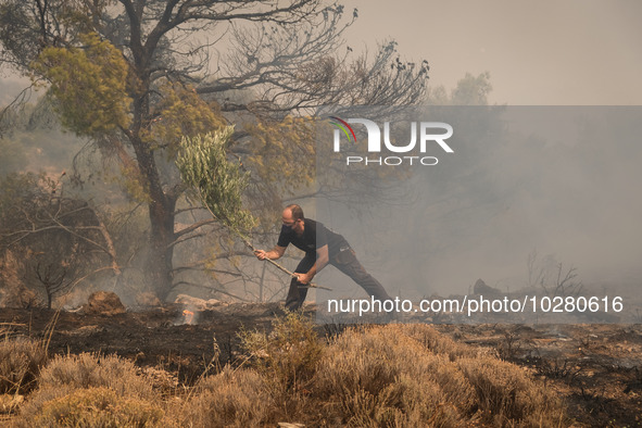 

Locals are helping firefighters to extinguish the fire in Nea Zoi in Nea Peramos, a place near Megara, Greece on July 19, 2023. After thre...