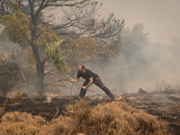 

Locals are helping firefighters to extinguish the fire in Nea Zoi in Nea Peramos, a place near Megara, Greece on July 19, 2023. After thre...