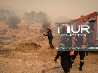 

Firefighters are trying to extinguish a wildfire in Nea Zoi, Nea Peramos, near Megara, Greece on July 19, 2023. After three days, firefigh...