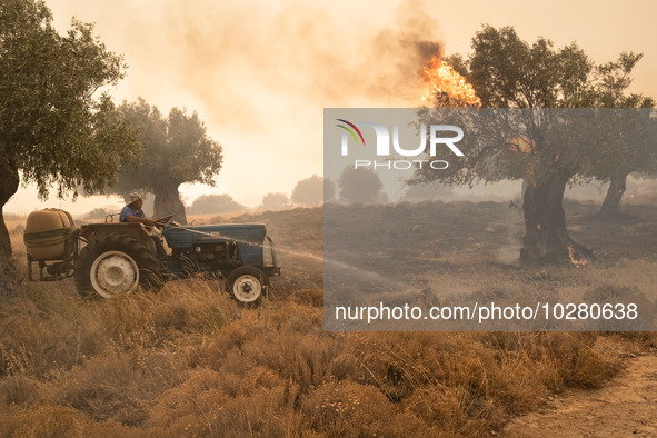 

Locals are helping firefighters to extinguish the fire in Nea Zoi in Nea Peramos, a place near Megara, Greece on July 19, 2023. After thre...