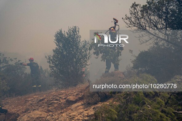 

Athens, Greece, on July 18th, 2023, Greek firefighters are at the Dervenohoria wildfire front. 