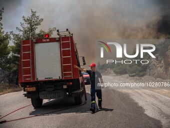 

Athens, Greece, on July 18th, 2023, Greek firefighters are trying to block the wildfire from its way from Dervenohoria to the forest of Pa...