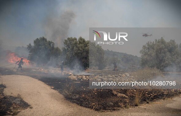 

Helicopters and ground units are fighting against the flames at the Dervenohoria wildfire in Western Attica area, Athens, Greece, on July...