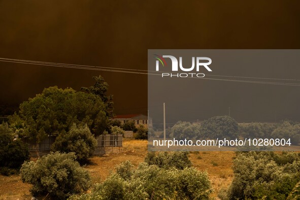 

Athens, Greece, on July 18th, 2023, the thick smoke cloud is turning the day into night during the Dervenohoria wildfire. 