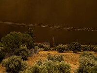 

Athens, Greece, on July 18th, 2023, the thick smoke cloud is turning the day into night during the Dervenohoria wildfire. (