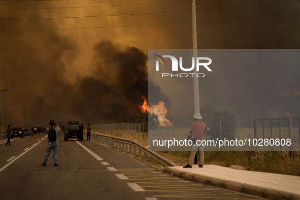 

Athens, Greece, on July 18th, 2023, strong winds are carrying the ravaging flames during the Dervenohoria wildfire (Western Attica, near t...