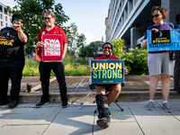 SAG-AFTRA actors and other union members picket a Barbie screening in Washington, DC.  Actors began their strike July 14, 2023, after contra...