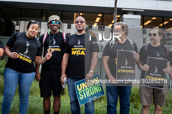 SAG-AFTRA actors and other union members picket a Barbie screening in Washington, DC.  Actors began their strike July 14, 2023, after contra...