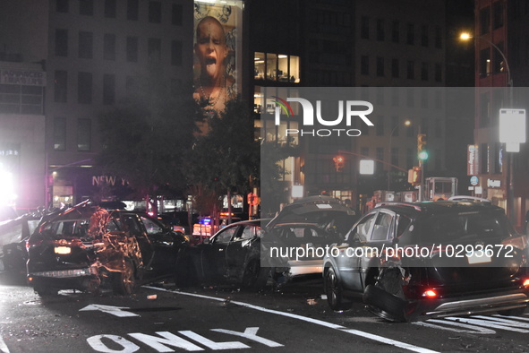 Six vehicle crash near Manhattan Bridge on Bowery Street and Canal Street in Manhattan, New York City, United States on July 23, 2023. Six v...