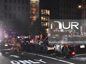 Six vehicle crash near Manhattan Bridge on Bowery Street and Canal Street in Manhattan, New York City, United States on July 23, 2023. Six v...