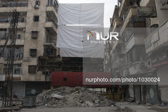 A general view of the curtains filed  on Bustan Alqasr district in Aleppo city on 1st February 2016.
