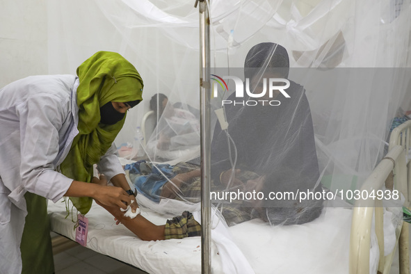 A dengue-infected patient receives treatment staying under mosquito nets in the Shaheed Suhrawardy Medical College and Hospital in Dhaka, Ba...