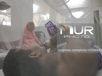 A dengue-infected patient stays under mosquito nets as he makes a video call during his treatment in the Shaheed Suhrawardy Medical College...