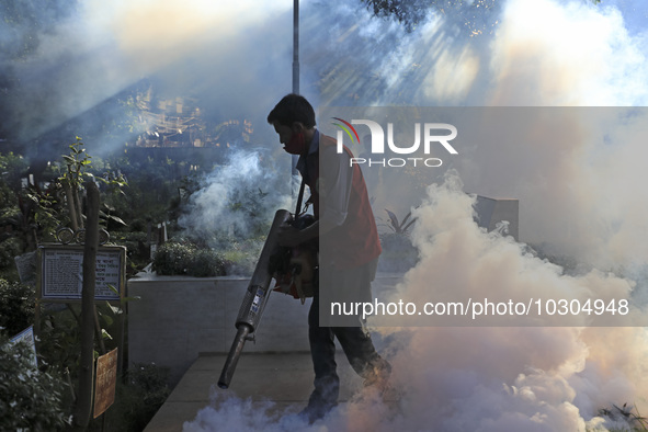 A city corporation worker fumigates as the mosquito-borne dengue infection situation worsens in Dhaka, Bangladesh on July 26, 2023. At least...