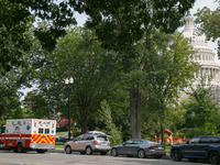 Emergency vehicles respond to reports of an active shooter at or near the Russell Senate Office Building in Washington, D.C. on August 2, 20...