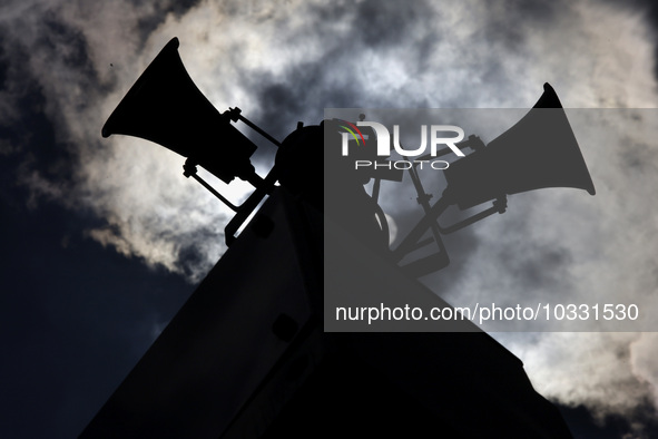 Backlight of some loudspeakers of the Mexican Seismic Alert System (SASMEX), which has been in operation for three decades, which is the ins...