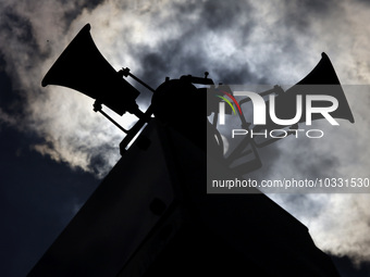 Backlight of some loudspeakers of the Mexican Seismic Alert System (SASMEX), which has been in operation for three decades, which is the ins...