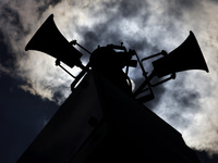 Backlight of some loudspeakers of the Mexican Seismic Alert System (SASMEX), which has been in operation for three decades, which is the ins...