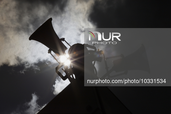 Backlight of some loudspeakers of the Mexican Seismic Alert System (SASMEX), which has been in operation for three decades, which is the ins...