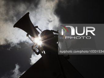 Backlight of some loudspeakers of the Mexican Seismic Alert System (SASMEX), which has been in operation for three decades, which is the ins...