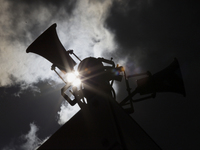 Backlight of some loudspeakers of the Mexican Seismic Alert System (SASMEX), which has been in operation for three decades, which is the ins...