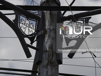 View of the logo under some loudspeakers of the Mexican Seismic Alert System (SASMEX), which has been in operation for three decades, which...