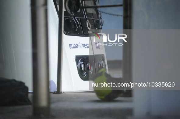 A helmet of a firmean in front of a metro in Budapest, on august 04, 2023. 